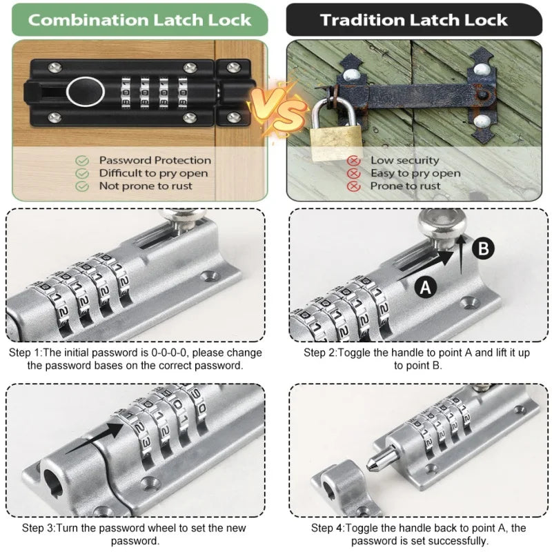 Silver metal combination latch lock with four number wheels and installation instructions.