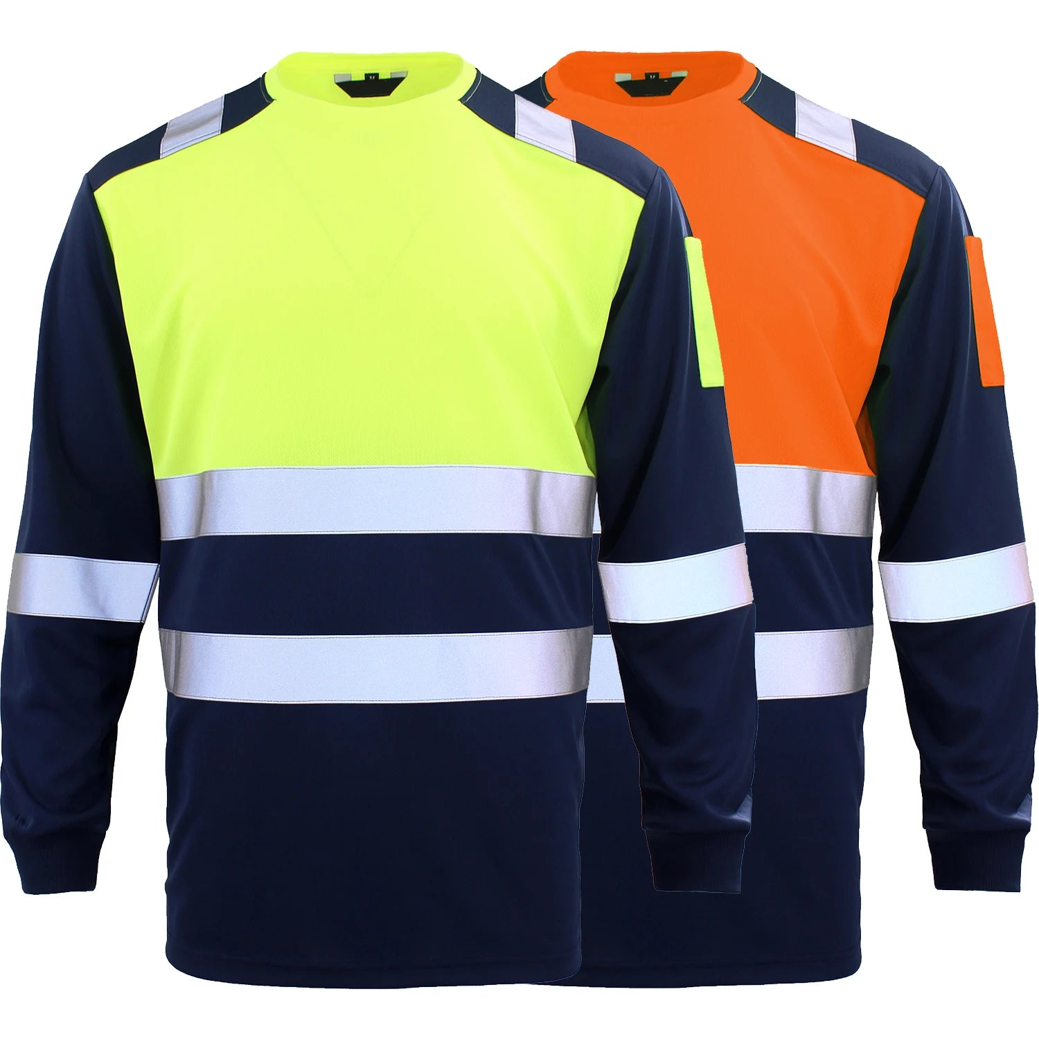 Two men’s long-sleeve hi-vis work shirts in yellow and orange, featuring navy panels and reflective safety tape.