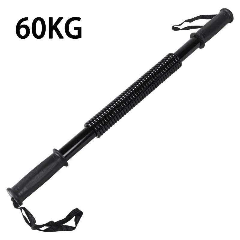 Black arm strength spring exercise stick with textured handles, safety wrist straps, and 60KG resistance text.