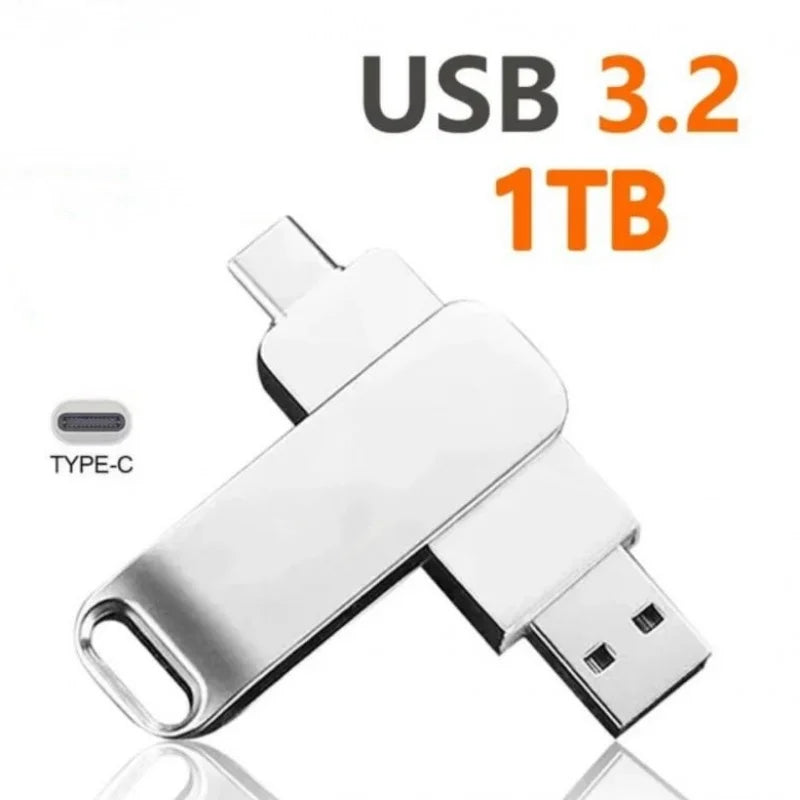 Silver metal dual-connector flash drive with USB-A and USB-C ports for high-speed data transfer.