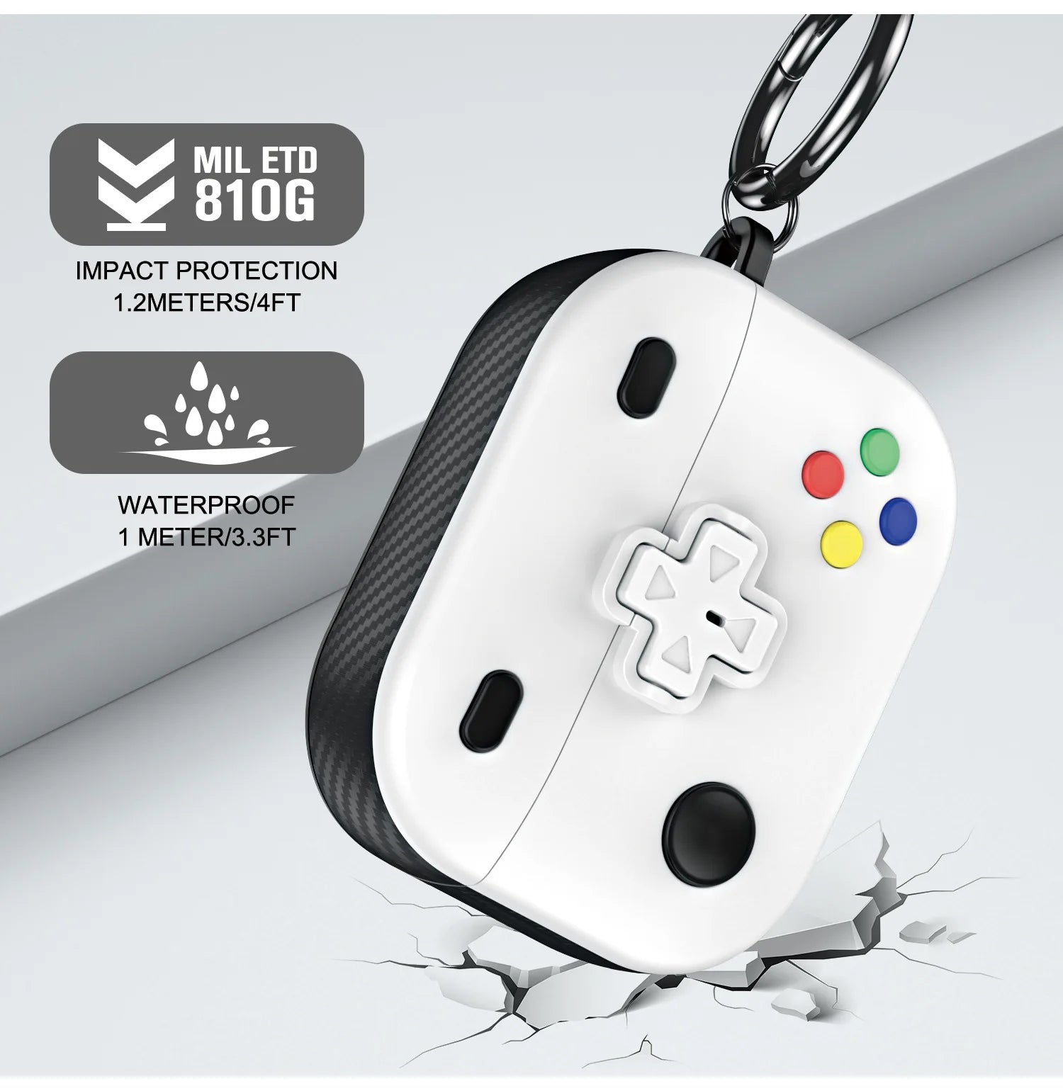 White and black gaming-controller style protective case for AirPods with metal carabiner clip.