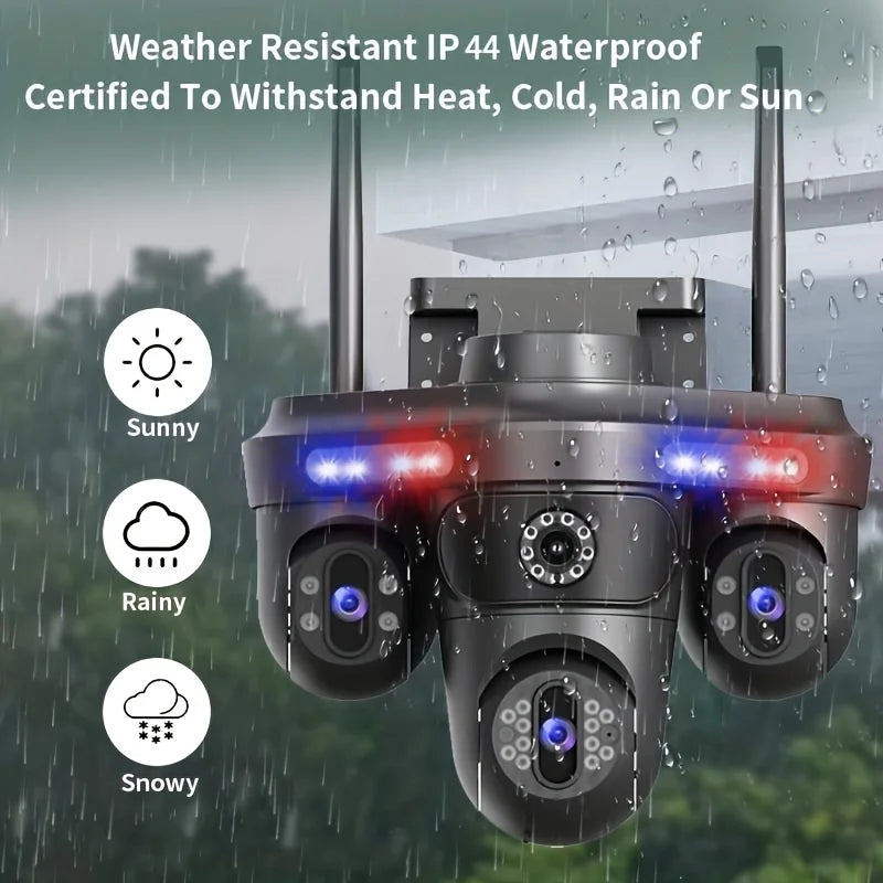 Black 4MP quad-lens outdoor security camera with two antennas, flashing alert lights, and weather-resistant design.