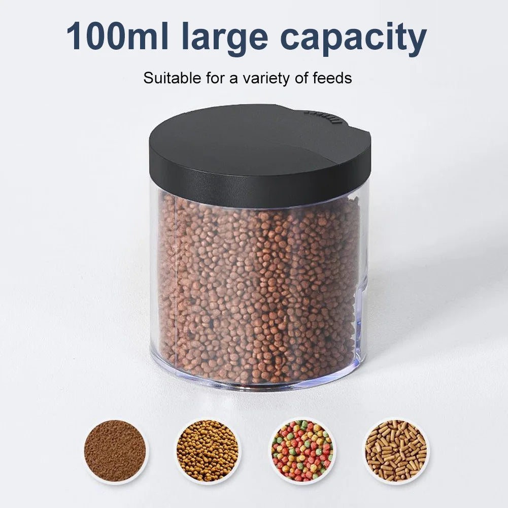 Clear, cylindrical 100ml food storage jar with a black lid, filled with brown feed pellets. Four feed types shown below.