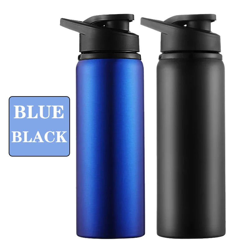 Two reusable drinks bottles with black flip-top lids, one in metallic blue and one in matte black.