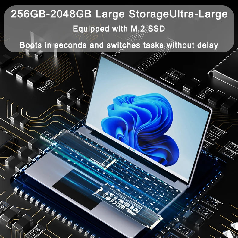 Sleek silver 15.6-inch laptop with Windows 11 display, 32GB RAM and 2TB SSD, set against a dark circuit board background.