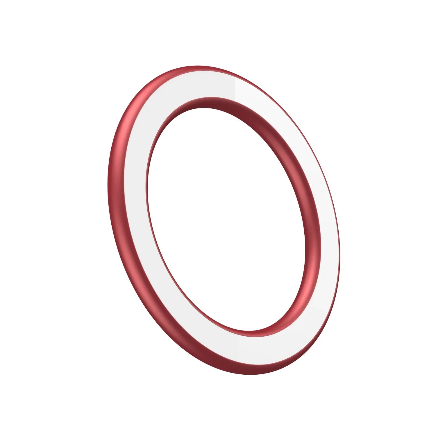 A circular, red ring-shaped frame with a smooth white inner face, shown at an angle against a white background.