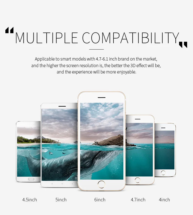 Five white smartphones of various sizes displayed in a row, showing compatibility for 4-inch to 6.1-inch screens.