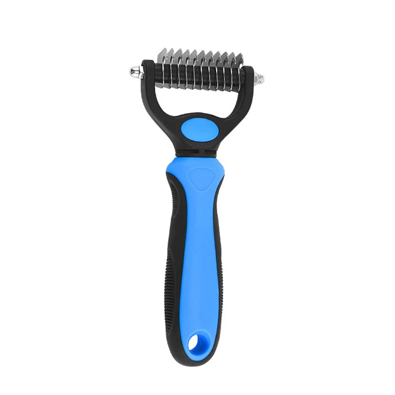 Blue and black pet grooming rake with stainless steel serrated blades for de-shedding.