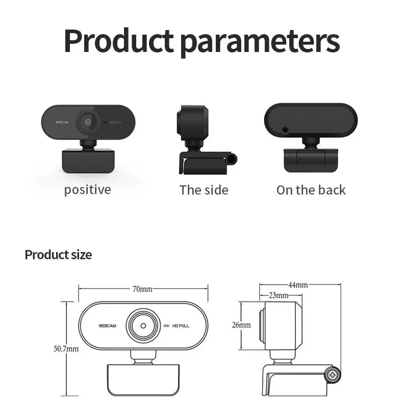 Black 1080p HD USB webcam showing front, side, and back views with detailed product dimensions.
