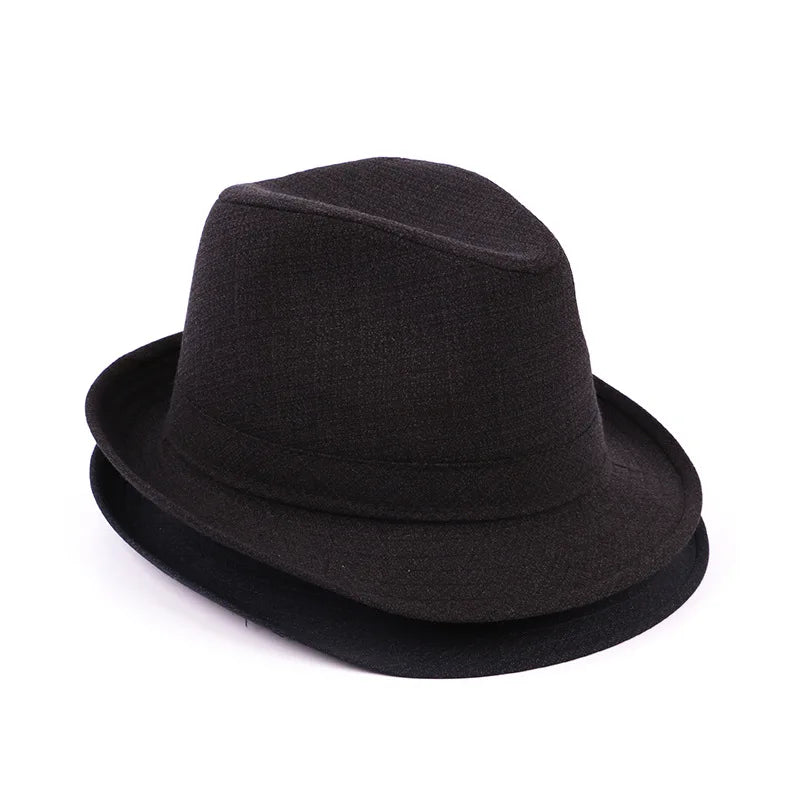 A classic black textured fedora hat with a pinched crown and a short, slightly turned-up brim.