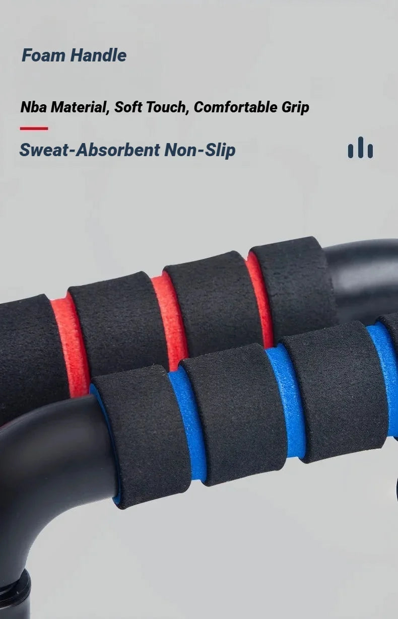 Close-up of black fitness push-up handles with sweat-absorbent, non-slip red and blue foam grips.