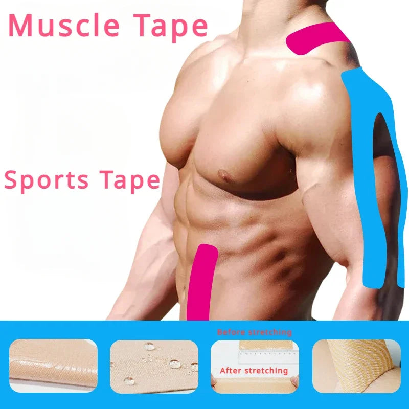 A shirtless man with pink and blue kinesiology tape applied to his shoulder and torso, plus close-ups of the tape.