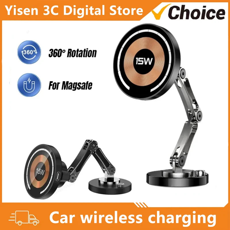 Foldable black metal magnetic 15W wireless car phone charger with an adjustable, rotating articulated arm.