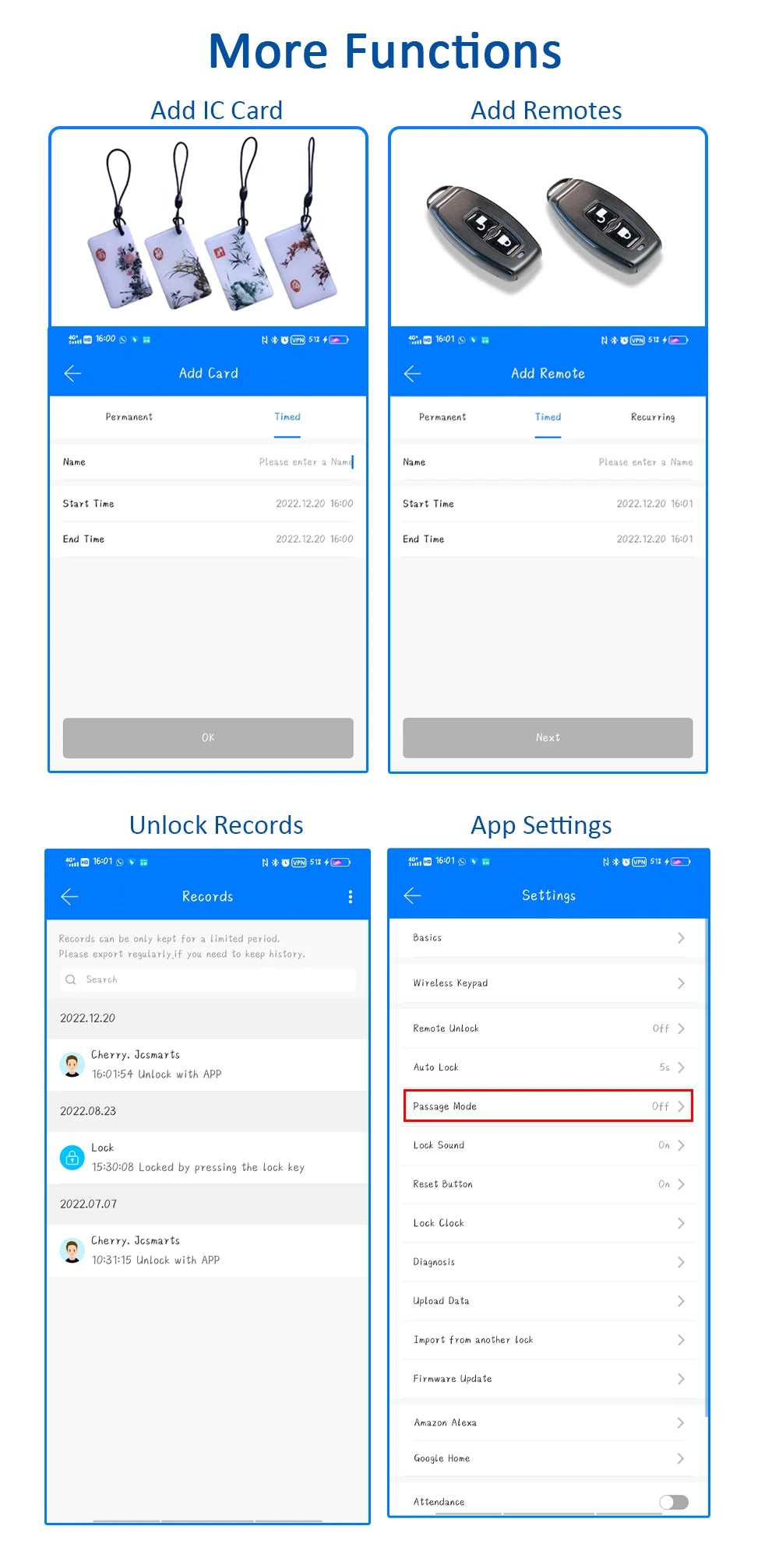 Four floral IC cards, two black remotes, and phone app screens for smart lock setup, history, and settings.