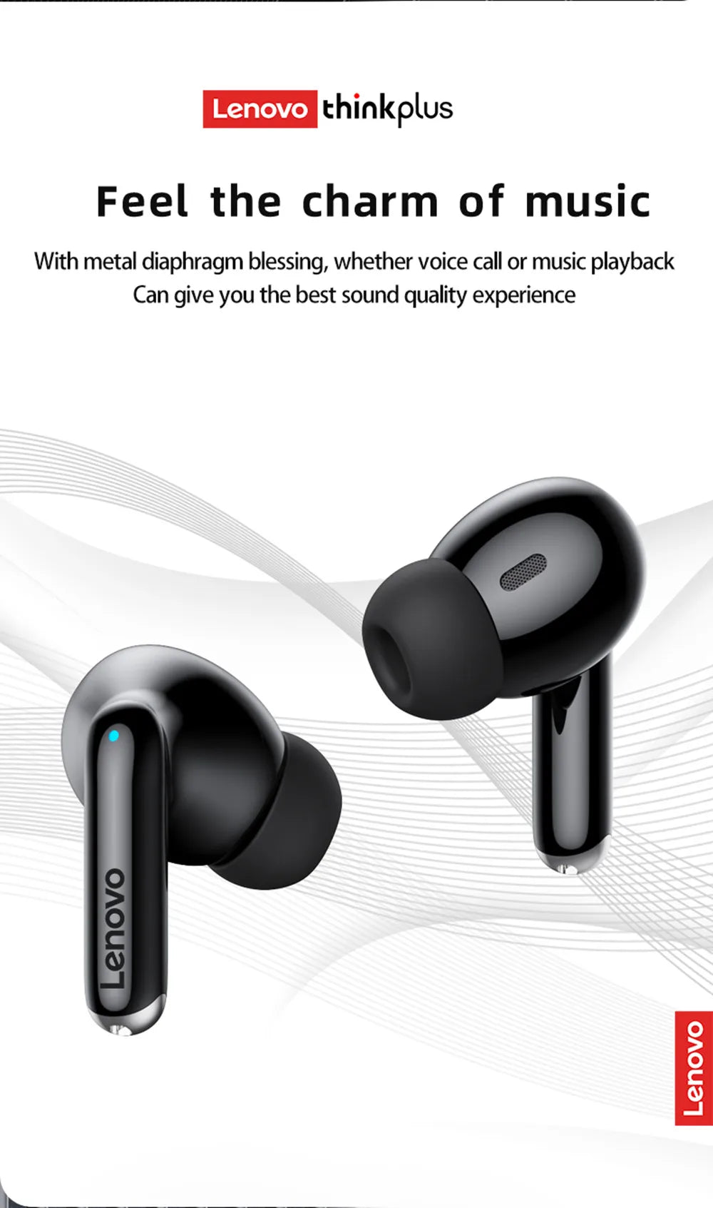 Glossy black wireless earbuds with a sleek, ergonomic stem design and soft black silicone ear tips.
