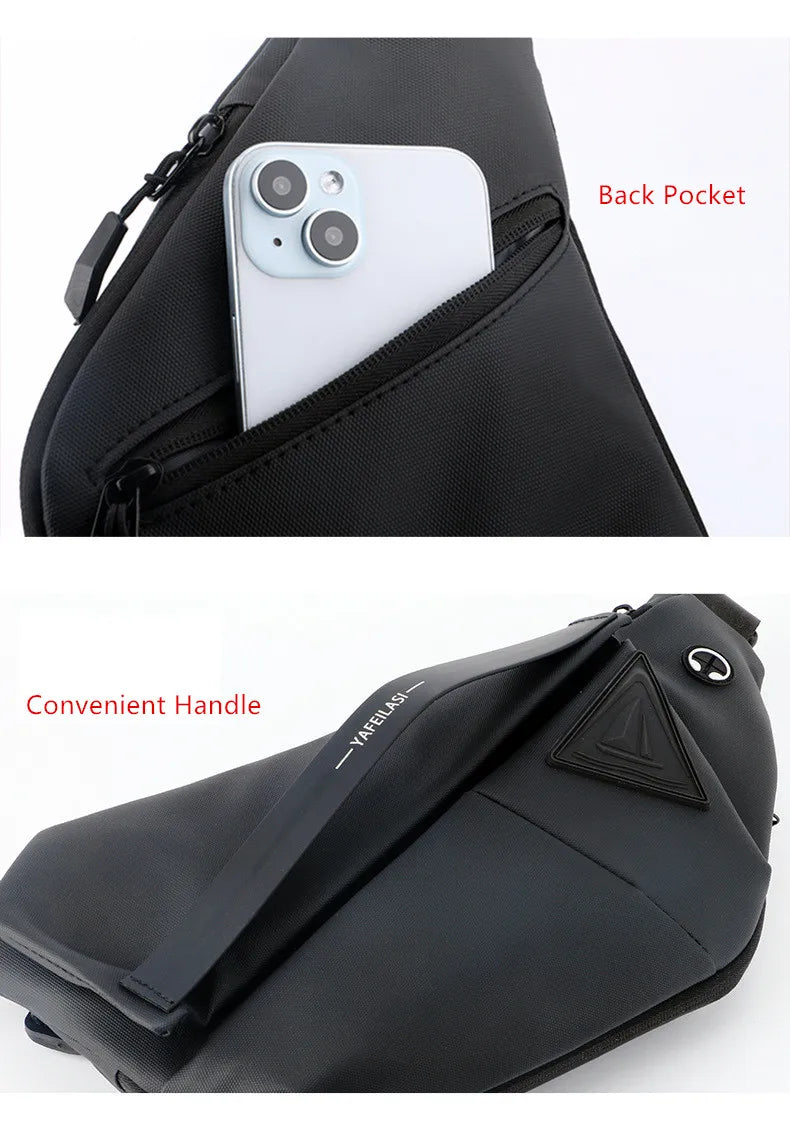 Black anti-theft crossbody sling bag with a secure back phone pocket, sturdy carry handle and headphone port.
