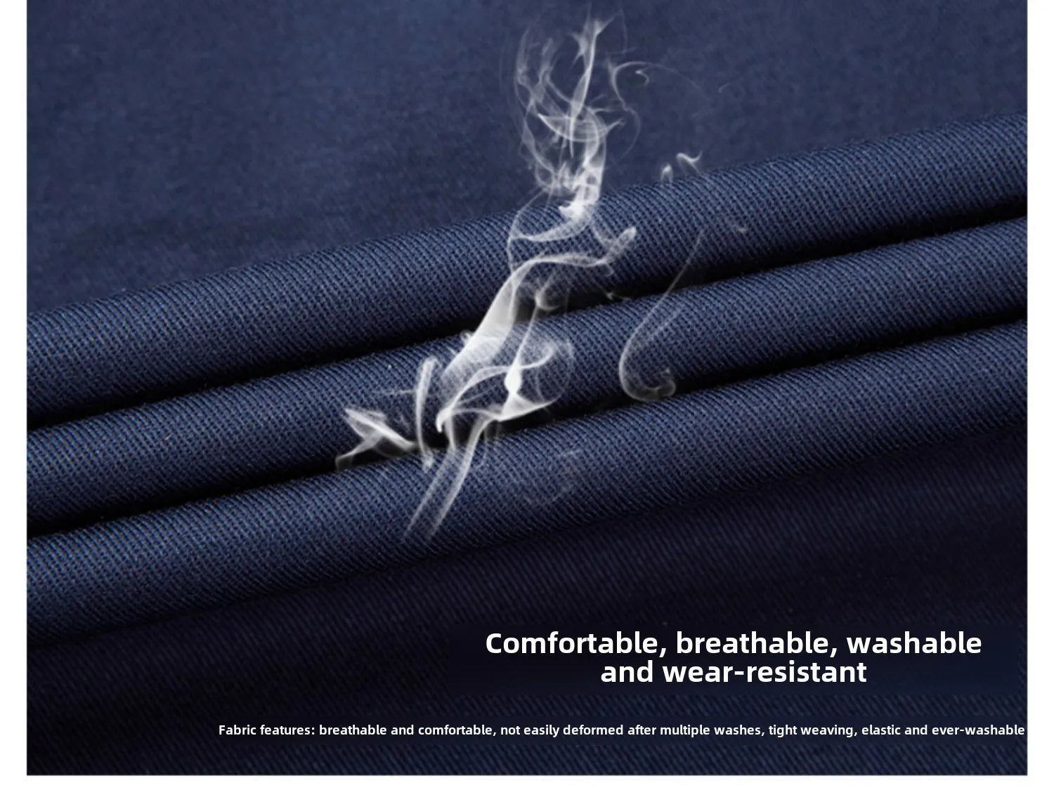 Close-up of navy blue, tight-woven, elastic fabric with visible texture and light smoke effect.