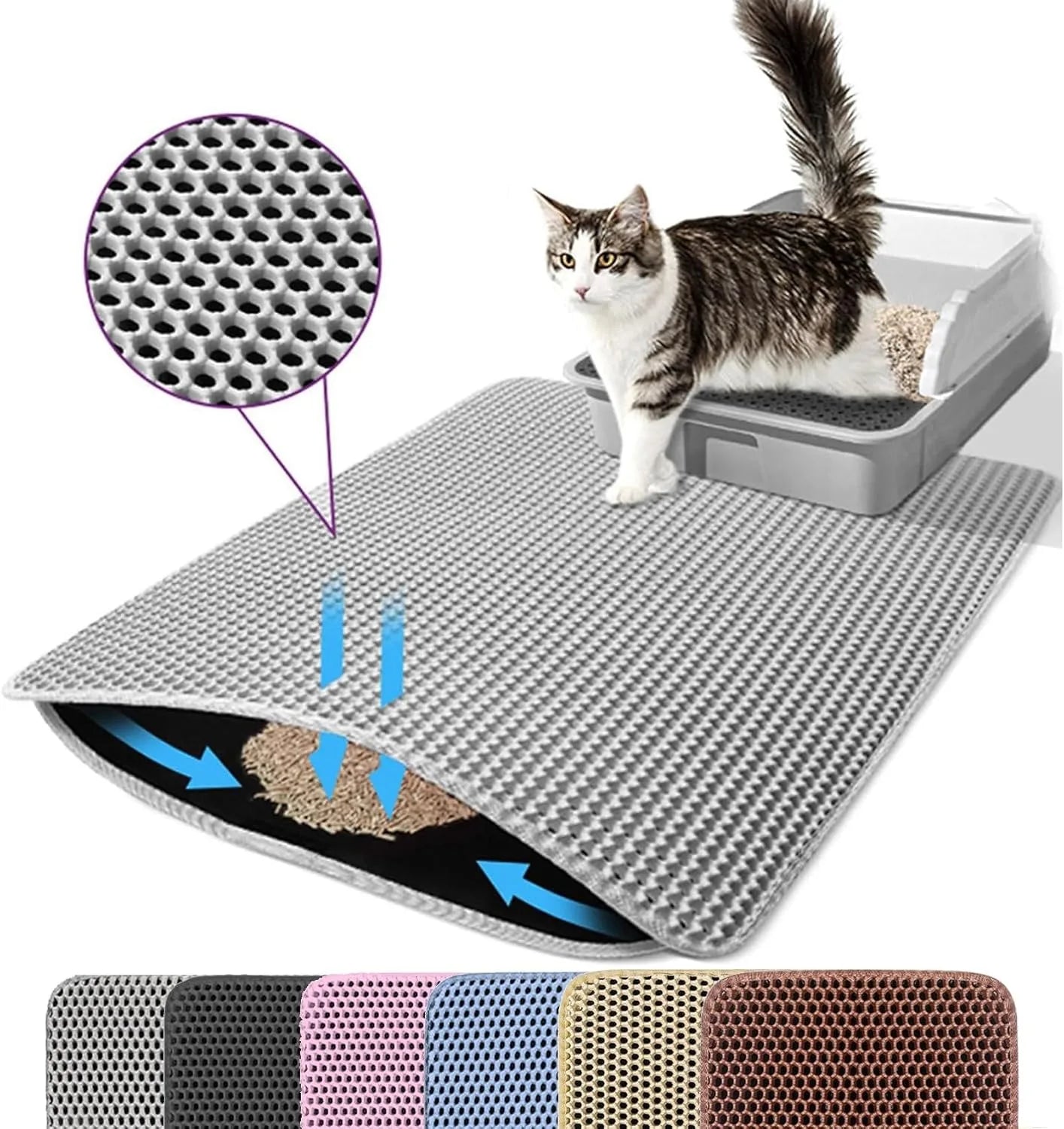 Grey double-layer, waterproof, non-slip cat litter mat with a honeycomb top to trap litter. Available in six colours.