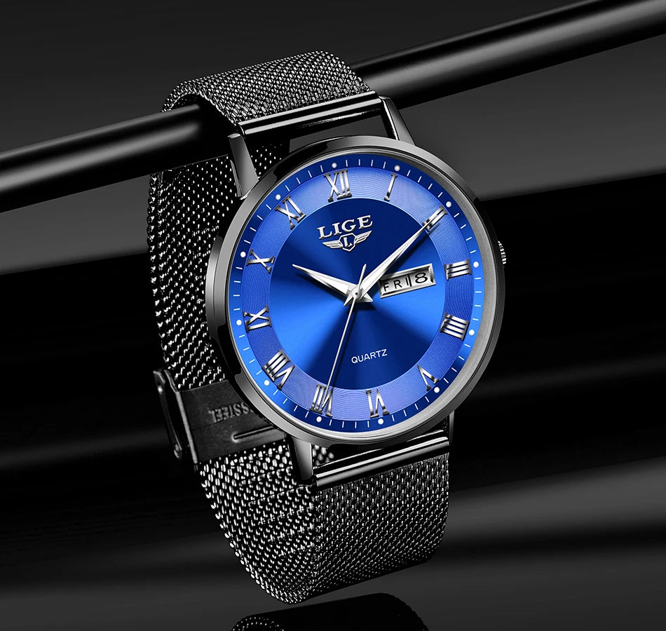 Elegant watch with a vibrant blue face, silver Roman numerals, and a black stainless steel mesh strap.