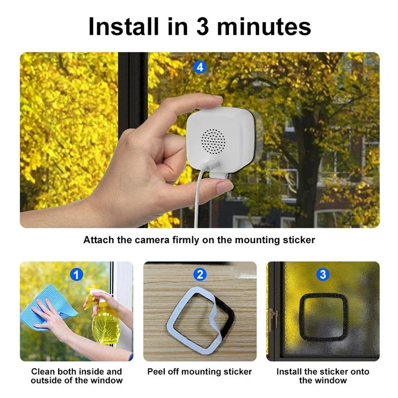 A step-by-step guide showing how to mount a small white WiFi security camera to a window using an adhesive sticker.