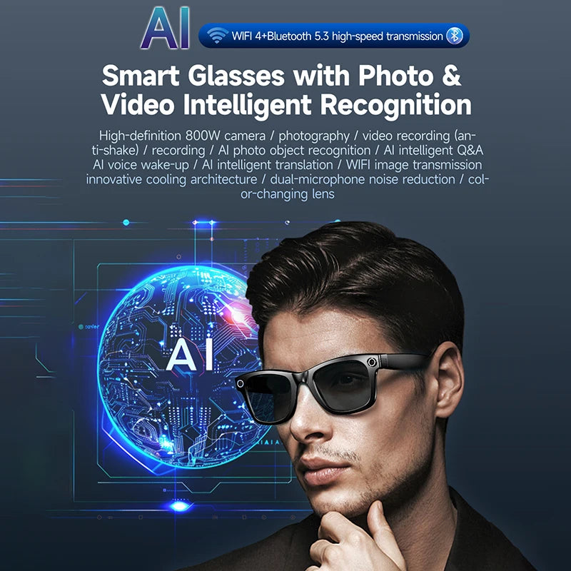 Man wearing sleek black smart glasses with a built-in camera for HD video and photo recording against an AI graphic.