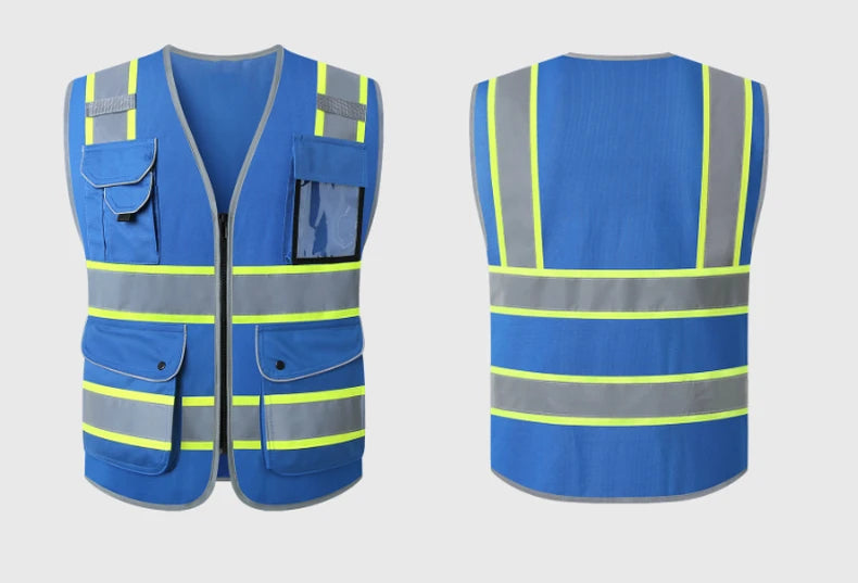 Blue high-visibility workwear vest with reflective strips, front utility pockets, and a zip fastening.