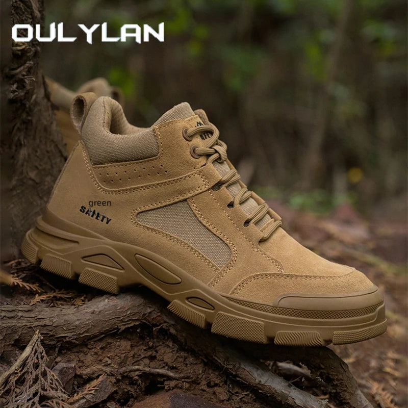 Brown suede safety work boot with lace-up front, reinforced steel toe, and textured anti-slip rubber sole.