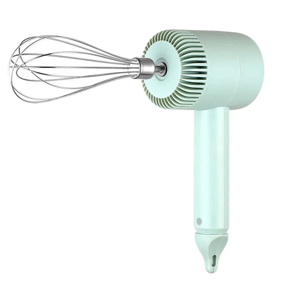 Handheld electric whisk in matte mint green with a sleek, minimalist design and metal wire attachment.