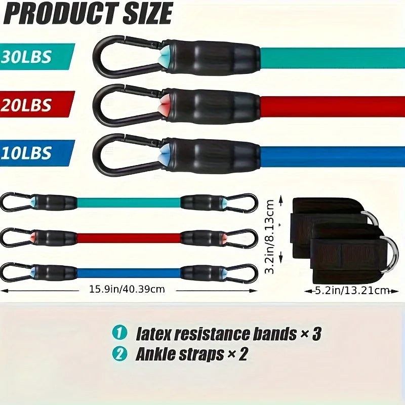 Three latex resistance bands in green (30lbs), red (20lbs), and blue (10lbs), with two black ankle straps and labels.