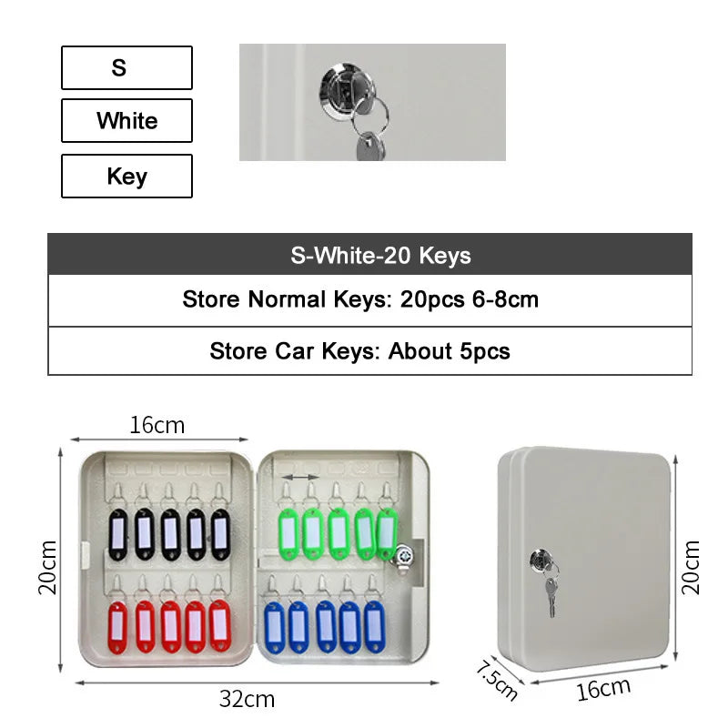 Small white metal key cabinet with lock, holding 20 keys with colored tags. Measures 20cm x 16cm x 7.5cm.