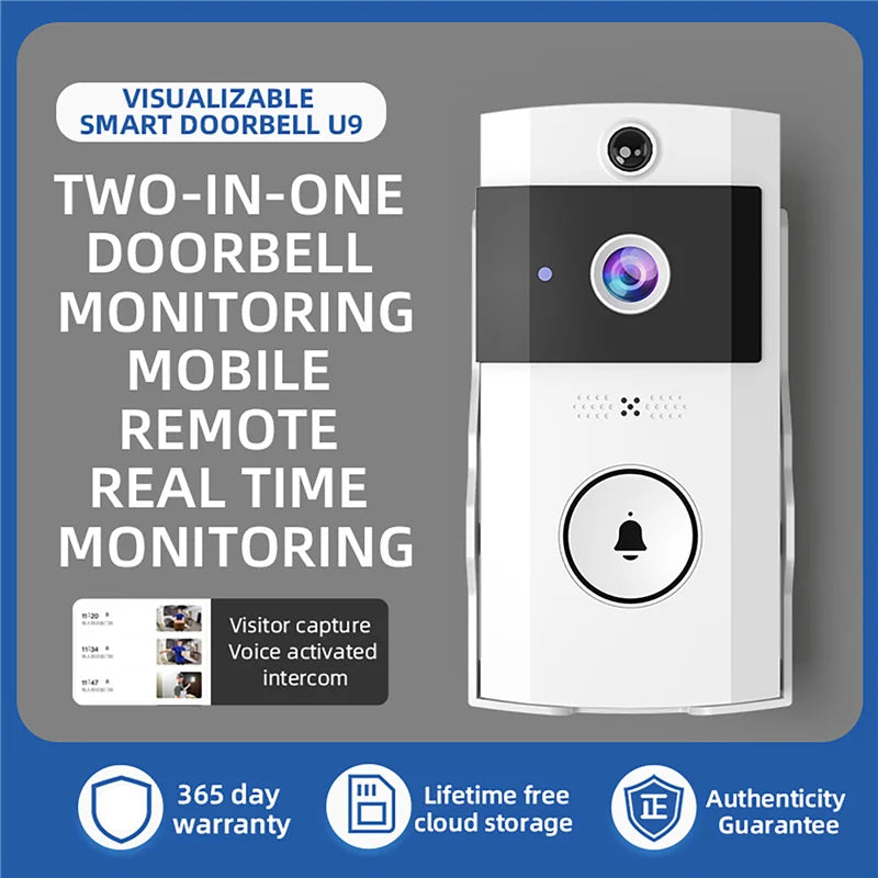 White wireless video doorbell featuring a camera, speaker, and central bell button for two-way audio communication.
