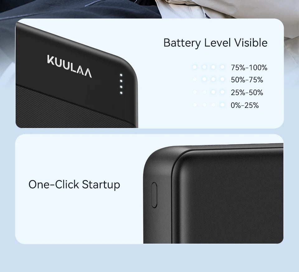 Sleek black 20,000mAh power bank featuring an LED battery level indicator and a convenient one-click power button.