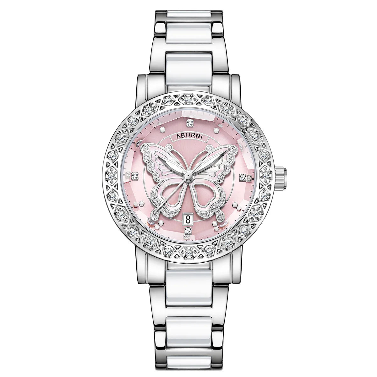 Luxury women's watch with a silver and white strap, crystal-set bezel, and a pink dial featuring a butterfly motif.