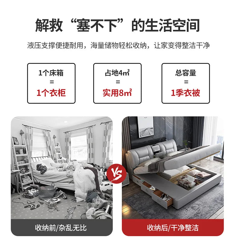 Grey, minimalist king-size upholstered bed frame with hydraulic storage lift and integrated under-bed storage drawers.