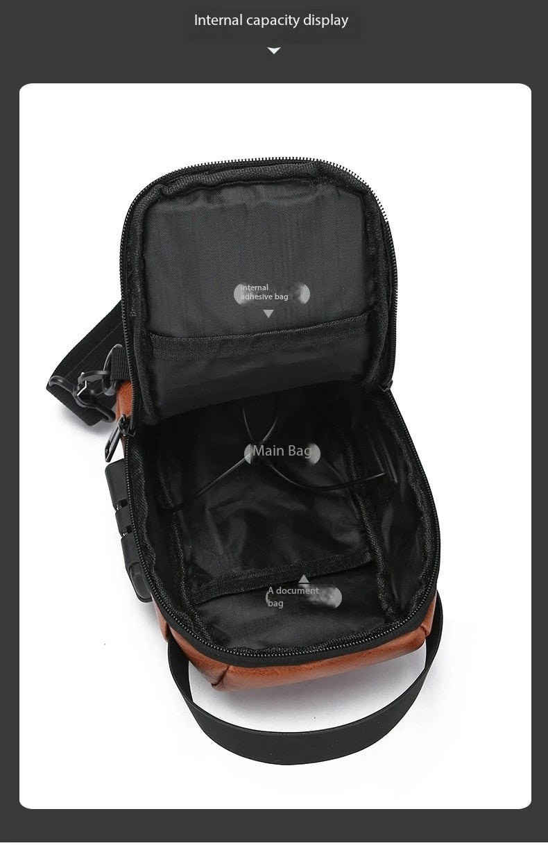 Open tan men's crossbody sling bag showing internal storage compartments and charging port cable.