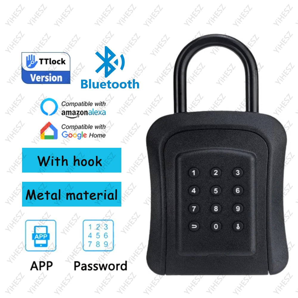Black metal key lock box with a shackle, keypad, Bluetooth, app control, and smart home compatibility.