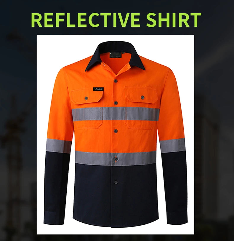Men's orange and navy high-visibility long-sleeve work shirt with reflective strips and dual chest pockets.