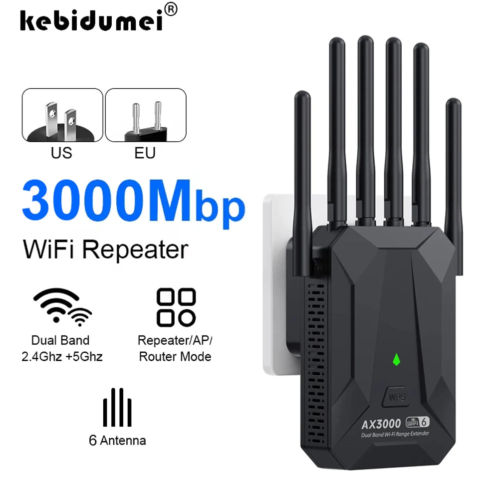 Black WiFi 6 dual-band range extender with six external antennas, wall-plug design, and green LED indicator light.