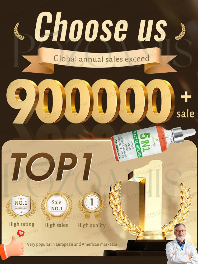 5-in-1 facial serum in an orange and white dropper bottle, featured in a promotional graphic for a top-selling product.