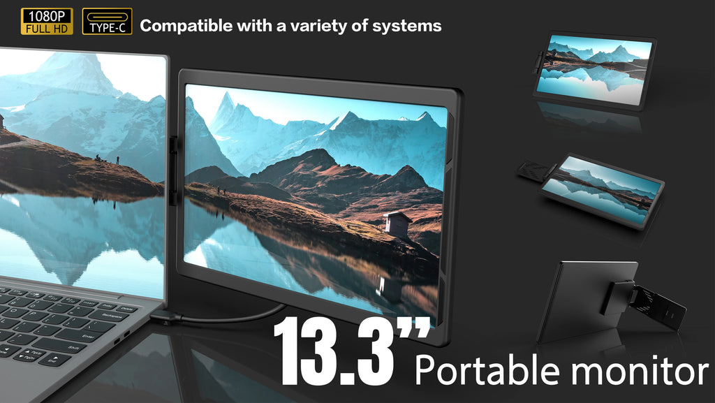 A black 13.3-inch slim portable FHD monitor attaches to a laptop, featuring USB-C connectivity and a landscape display.