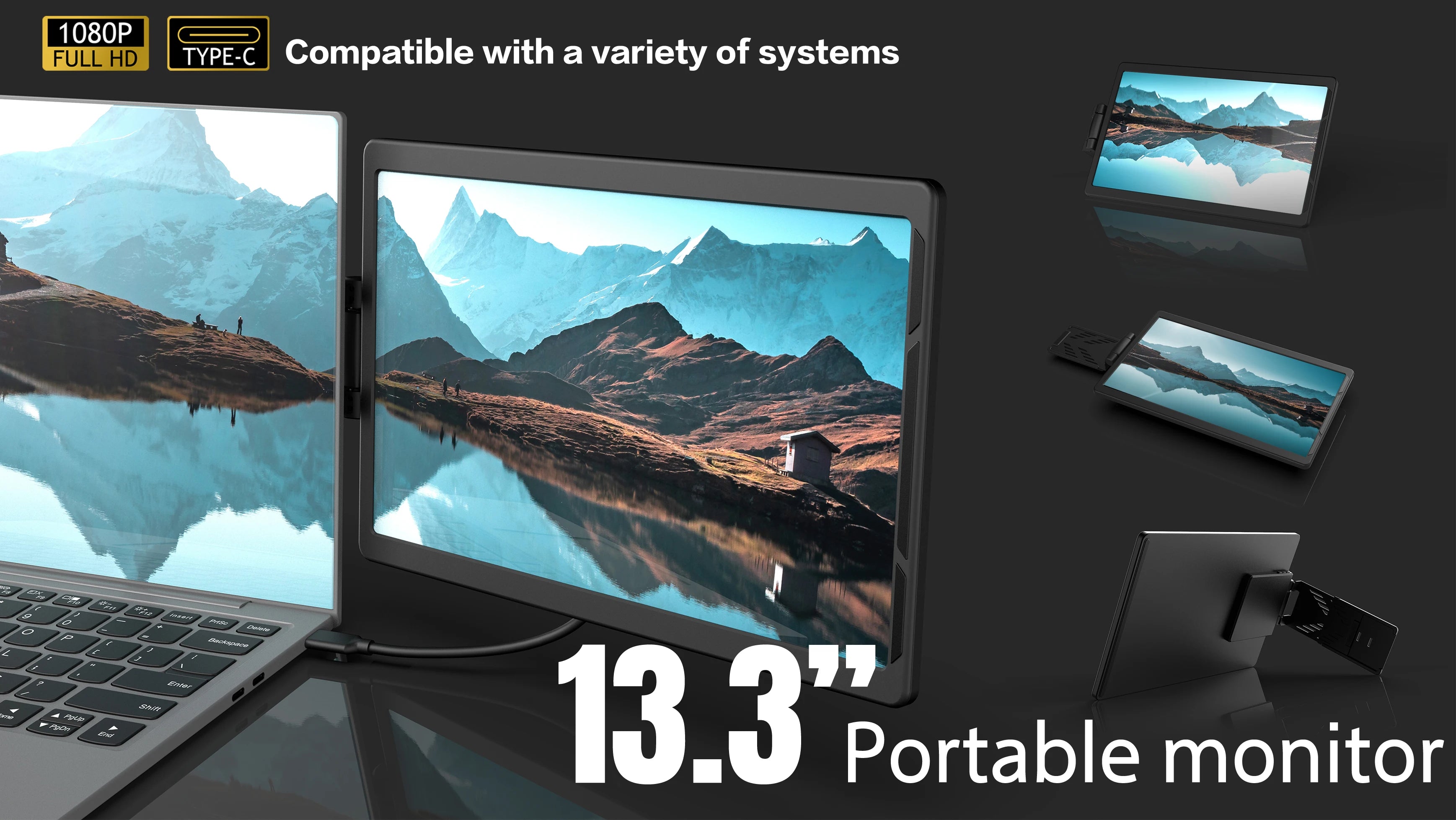 A black 13.3-inch slim portable FHD monitor attaches to a laptop, featuring USB-C connectivity and a landscape display.