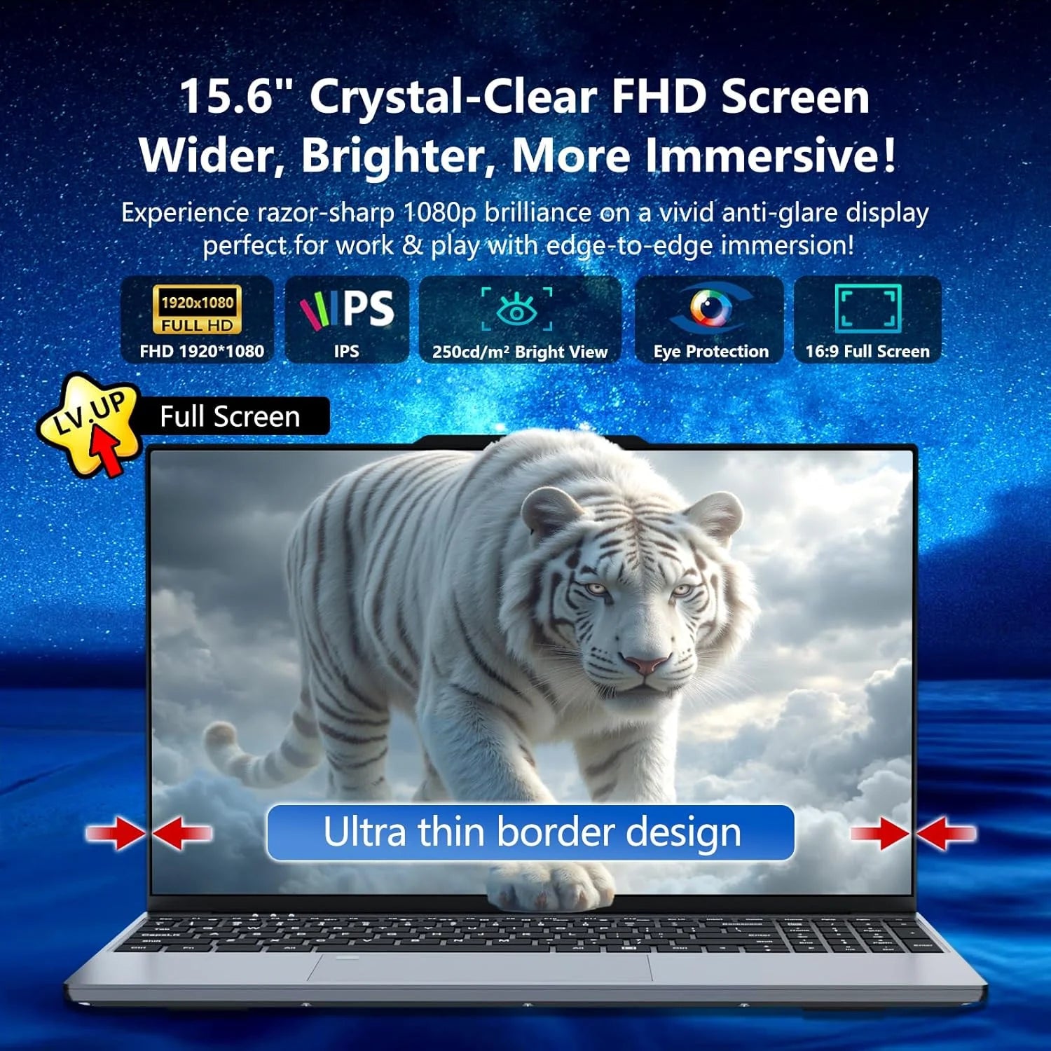 Silver 15.6-inch laptop with a slim-bezel Full HD IPS display showing a white tiger against a starry background.