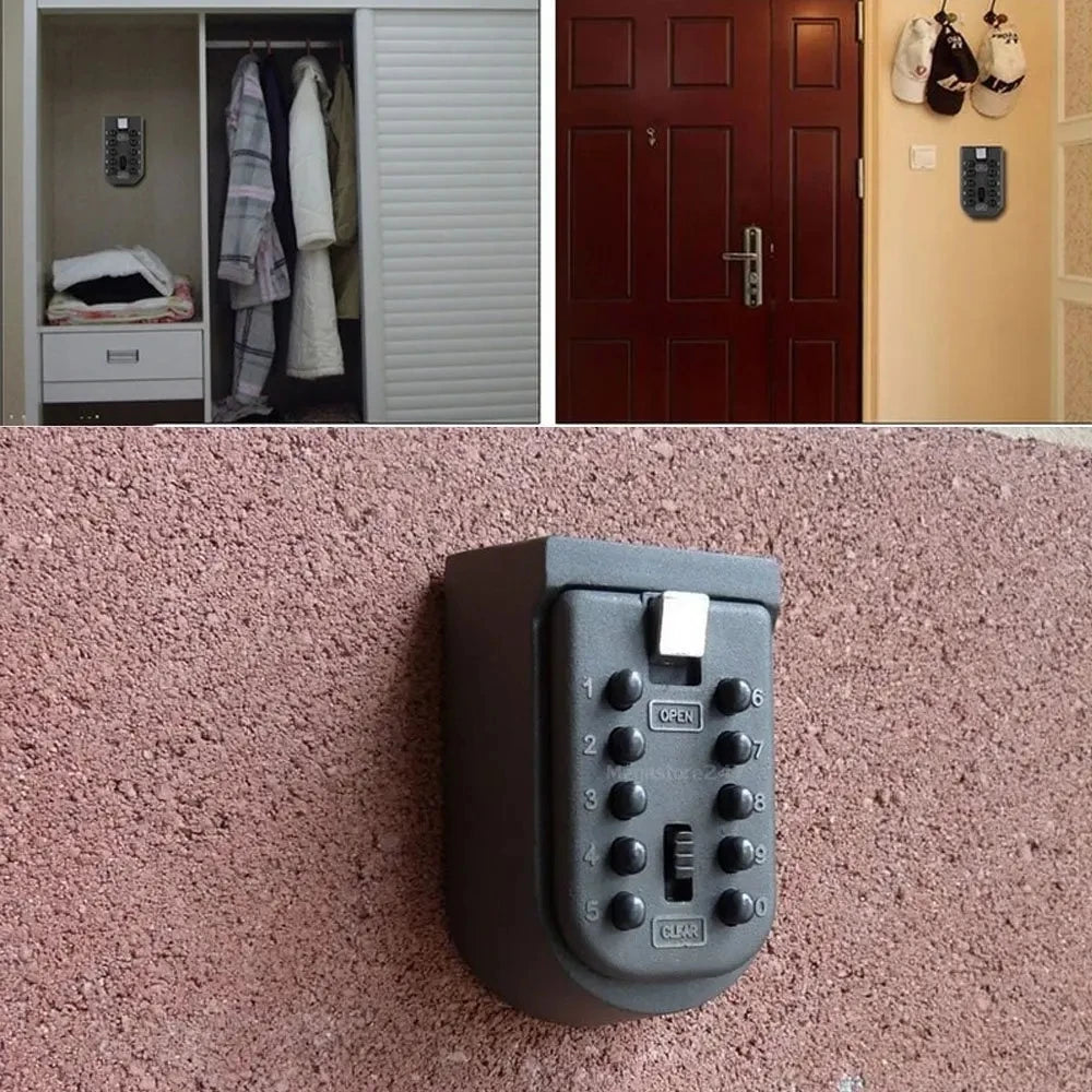 Gray push-button wall-mounted key lock box with numeric keypad, shown installed on various indoor and outdoor walls.
