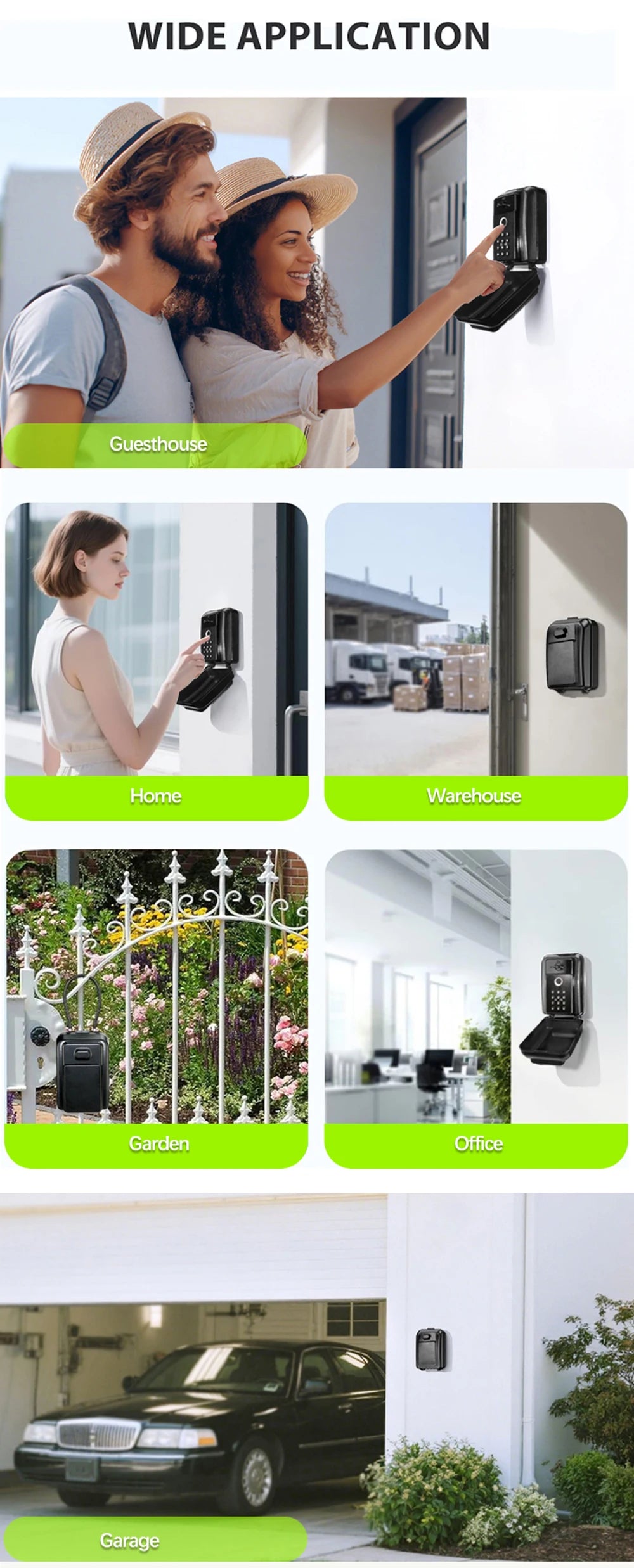 Black metal wall-mounted key lock box with digital keypad, shown in various residential and commercial settings.