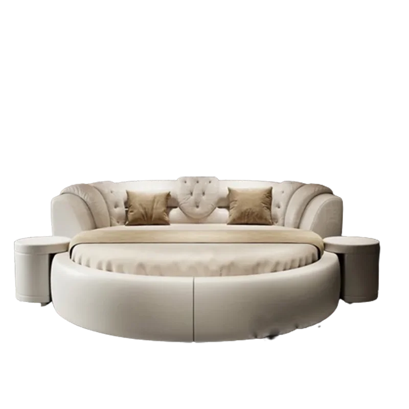 Modern cream round bed with button-tufted headboard, side tables and soft beige scatter cushions.