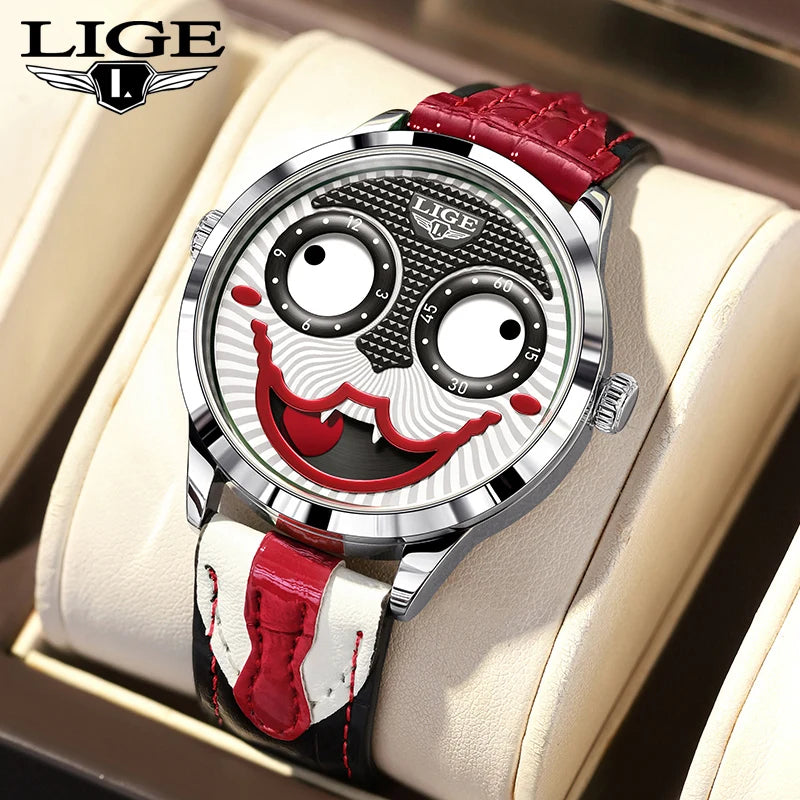 LIGE men's quartz watch with a silver round case and a red, white, and black leather strap featuring a joker face dial.