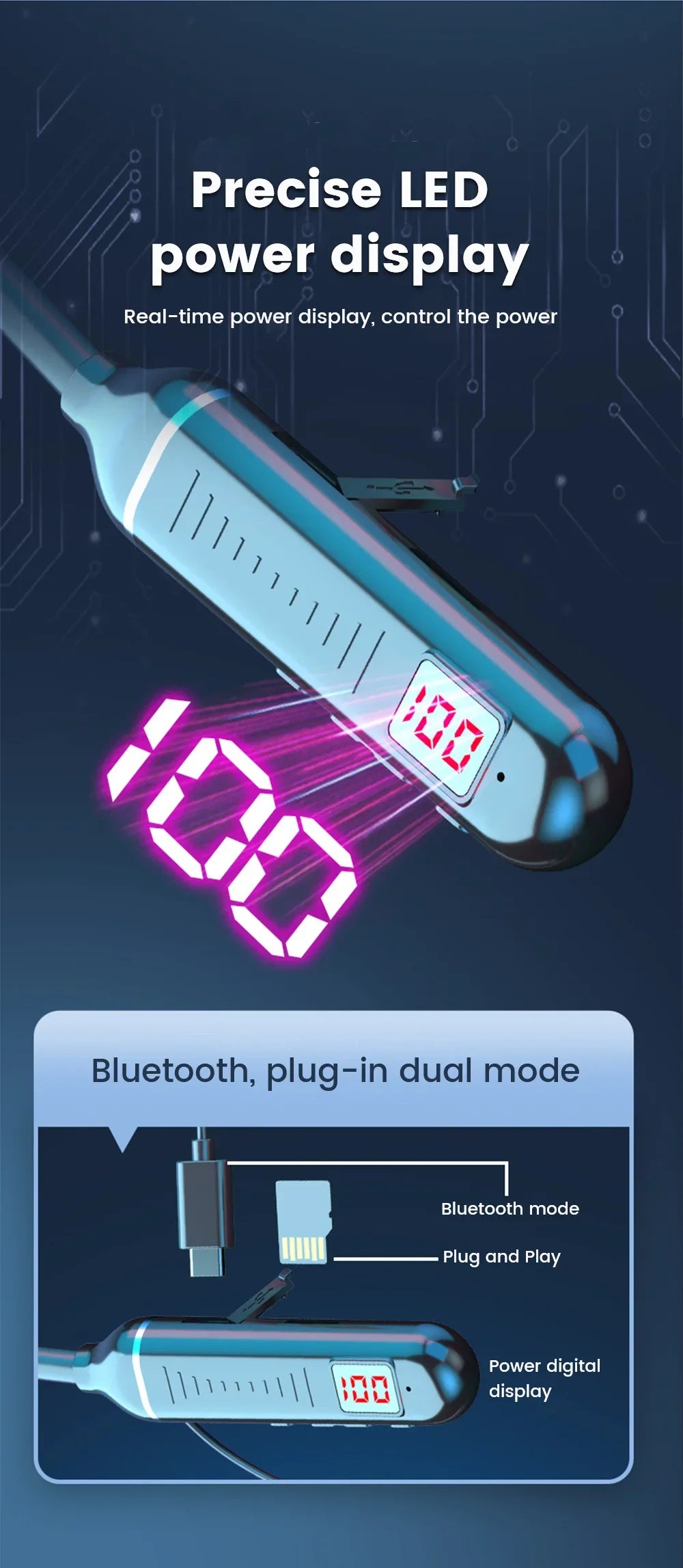 Blue wireless neckband earphones with a clear LED digital battery display and plug-in storage card slot.