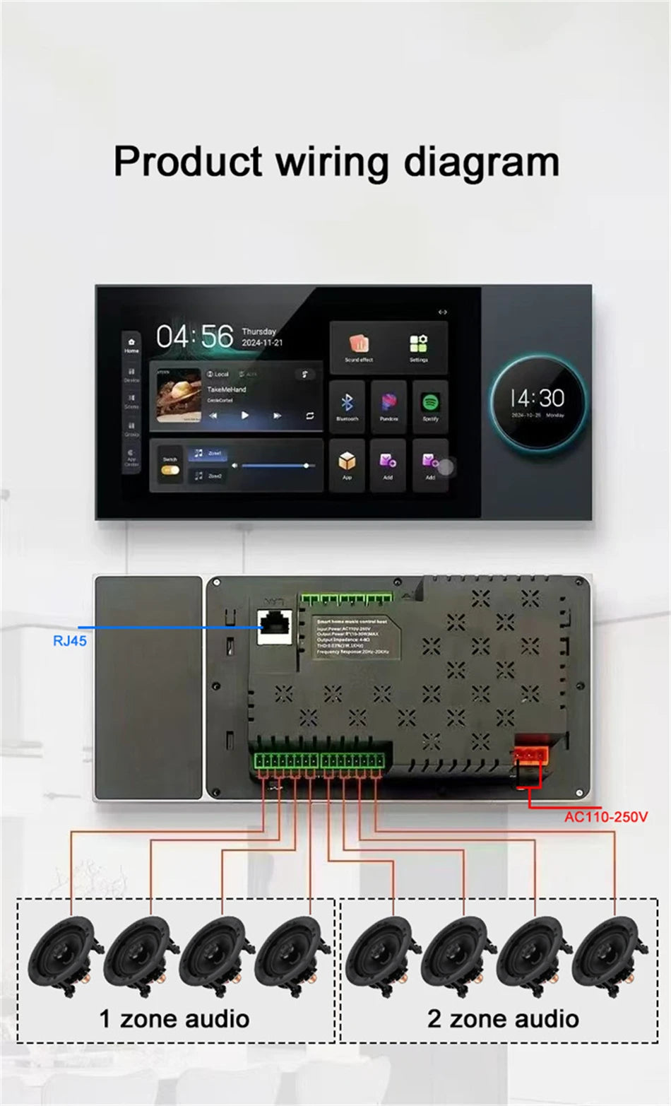 7-inch black in-wall smart home audio control panel with touchscreen display and two-zone speaker wiring diagram.