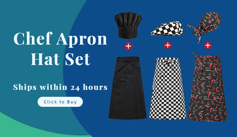 Chef apron and hat sets featuring black, checkered, and chilli print designs for professional kitchen wear.