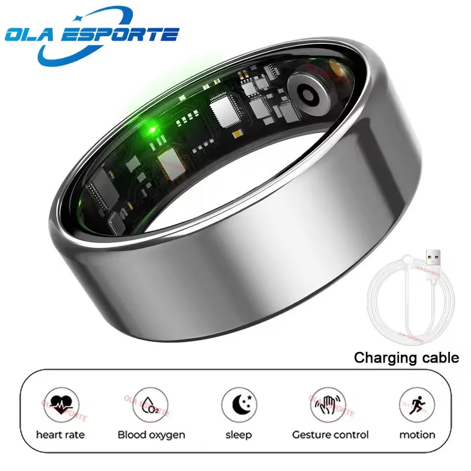 Sleek silver smart fitness ring with visible internal sensors, green LED light, and a white USB charging cable.
